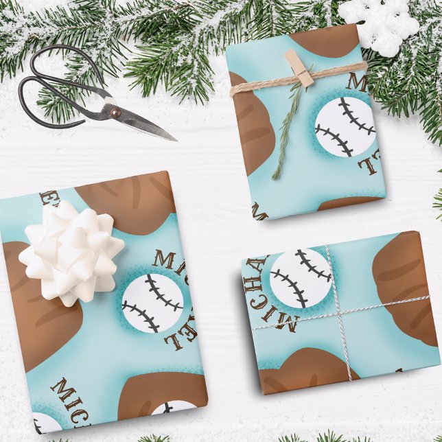 Baseball Glove Ball & Boy Name Pattern Sport Theme Wrapping Paper Sheet (Creator Uploaded)