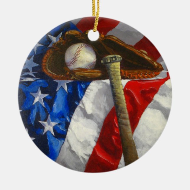 Baseball, glove, bat & American flag Ceramic Tree Decoration (Front)