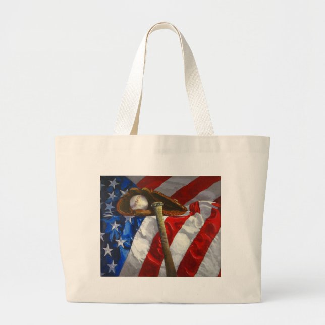 Baseball, glove, bat & American flag Large Tote Bag (Front)