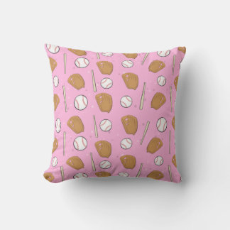 Baseball - Gloves, Balls & Bats on Pink Background Cushion