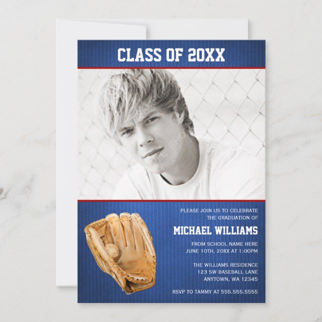 Baseball Graduation Blue Red Photo Invitation (Front)