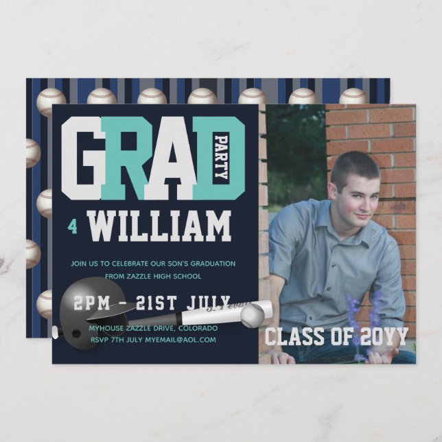 Baseball GRADUATION PHOTO invitation Blue (Front/Back)