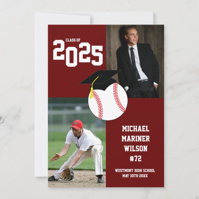 Baseball Graduation Sport Maroon White Invitation (Front)