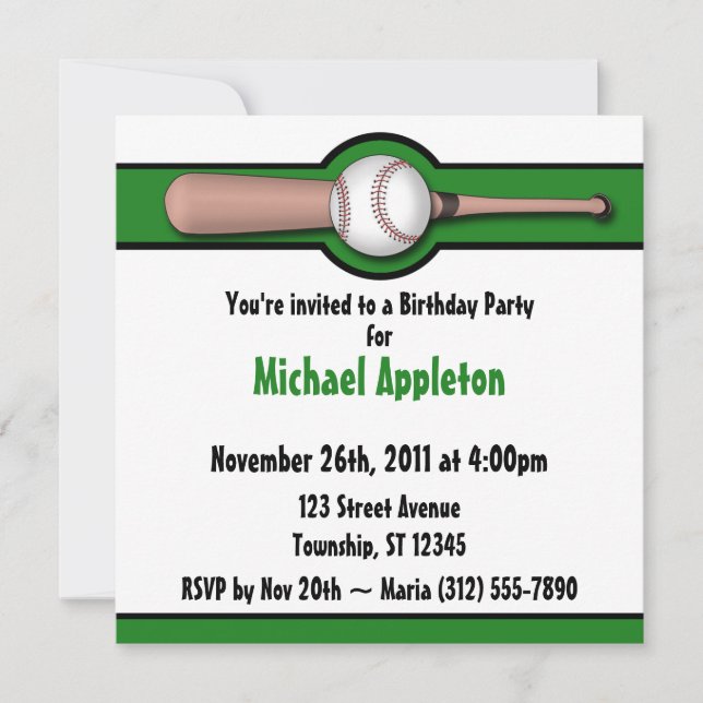 Baseball Green Birthday Invitations (Front)