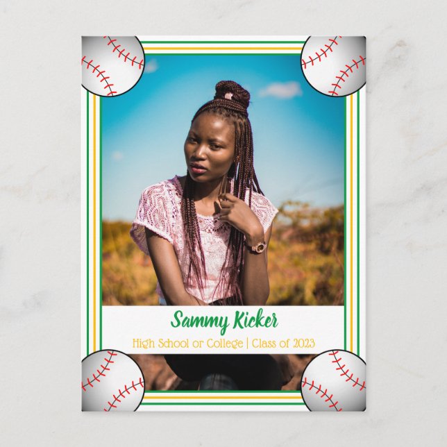 Baseball Green & Gold Graduation Announcement Postcard (Front)