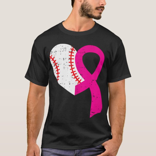 Baseball Heart Pink Ribbon Cool Breast Cancer Awar T-Shirt (Front)