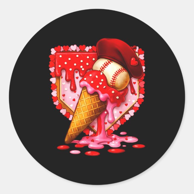 Baseball Heart Valentine Baseball Ice Cream Drip B Classic Round Sticker (Front)