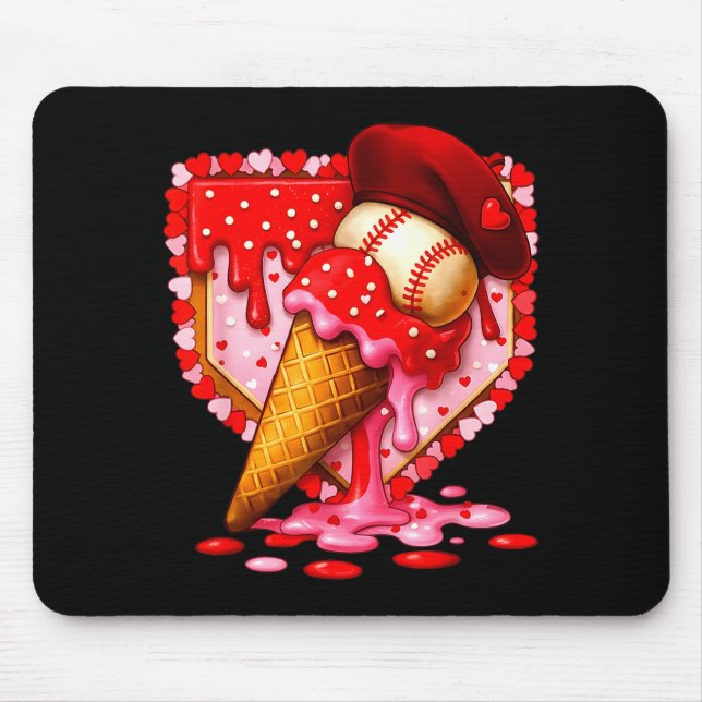 Baseball Heart Valentine Baseball Ice Cream Drip B Mouse Pad (Front)