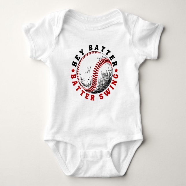 Baseball Hey Batter Swing Baby Bodysuit (Front)