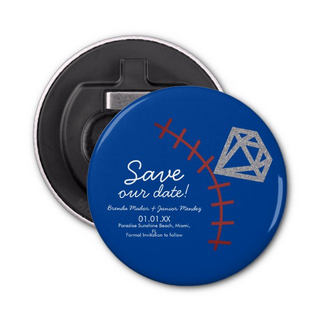 Baseball Homerun Diamond Gem  Save The Date Blue Bottle Opener (Front)