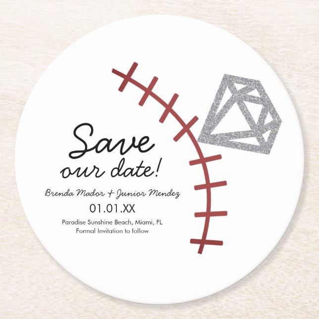 Baseball Homerun Diamond Gem  Save The Date  Round Paper Coaster (Front)