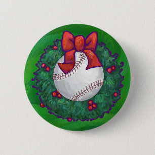 Baseball in Christmas Wreath 6 Cm Round Badge
