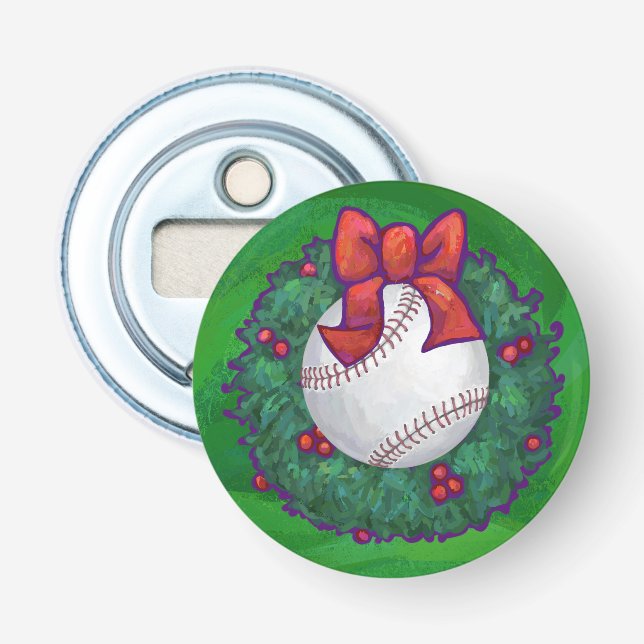 Baseball in Christmas Wreath Bottle Opener (Front)