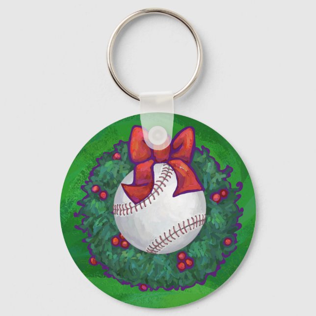 Baseball in Christmas Wreath Key Ring (Front)