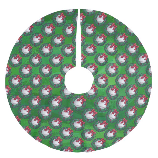 Baseball in Christmas Wreath Pattern Brushed Polyester Tree Skirt (Front)