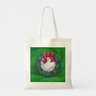 Baseball in Christmas Wreath Tote Bag
