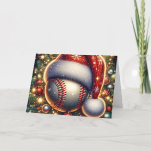Baseball in Santa Hat Christmas Holiday Card