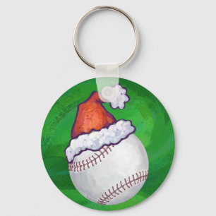 Baseball in Santa Hat on Green Key Ring
