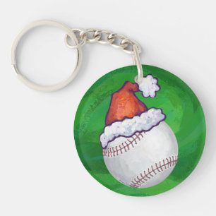 Baseball in Santa Hat on Green Key Ring