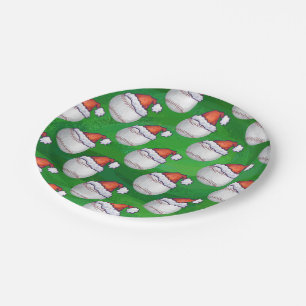 Baseball in Santa Hat Pattern on Green Paper Plate