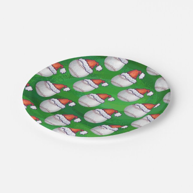 Baseball in Santa Hat Pattern on Green Paper Plate (Angled)