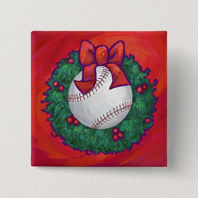 Baseball in Wreath on Red 15 Cm Square Badge (Front)