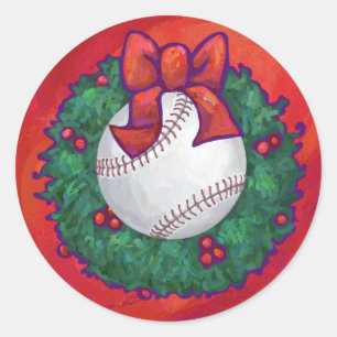 Baseball in Wreath on Red Classic Round Sticker