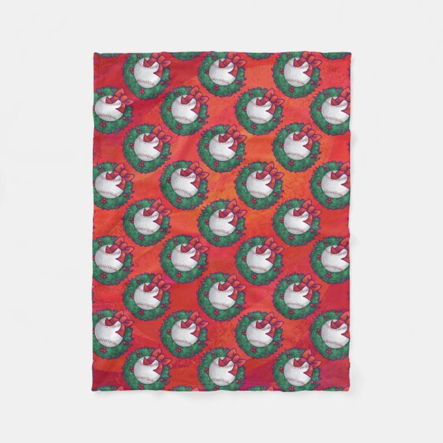 Baseball in Wreath on Red Fleece Blanket (Front)