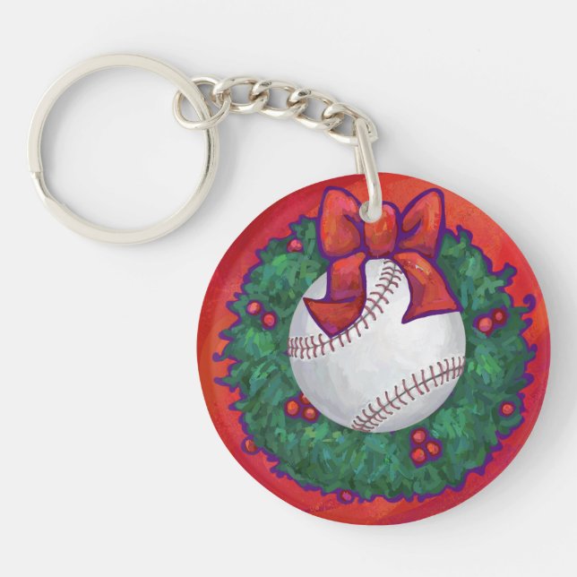 Baseball in Wreath on Red Key Ring (Front)
