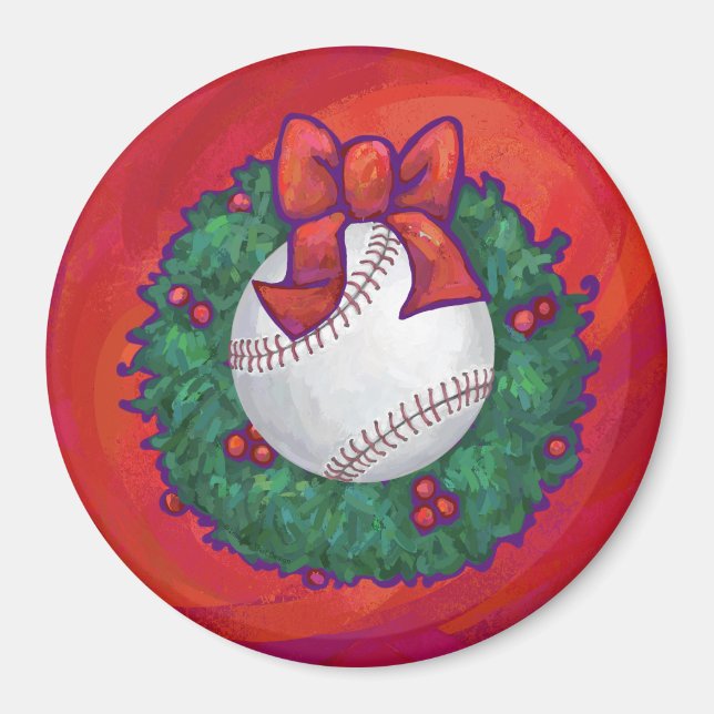 Baseball in Wreath on Red Magnet (Front)