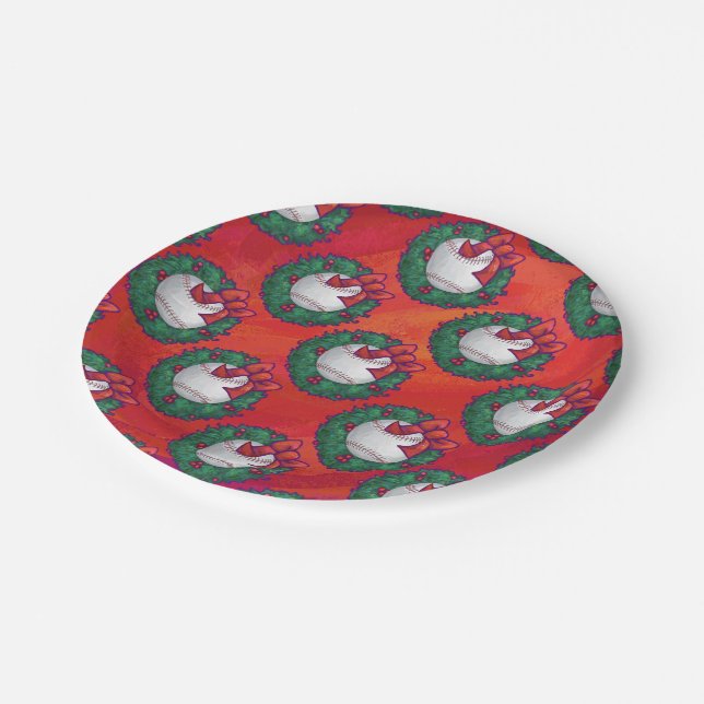 Baseball in Wreath on Red Paper Plate (Angled)