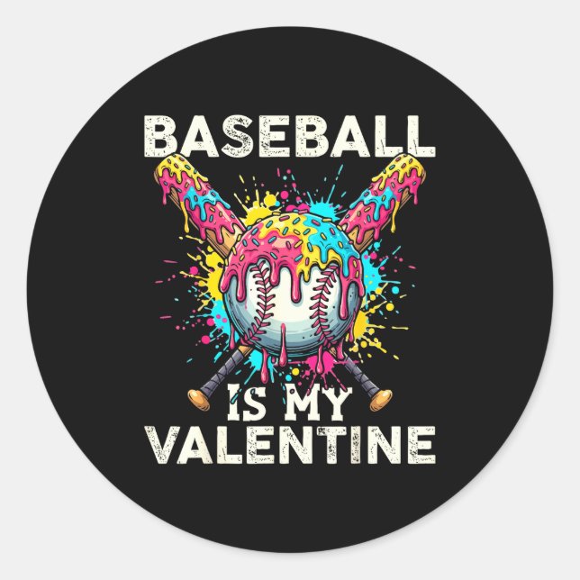Baseball Is My Valentine Ice Cream Drip Crossed Ba Classic Round Sticker (Front)