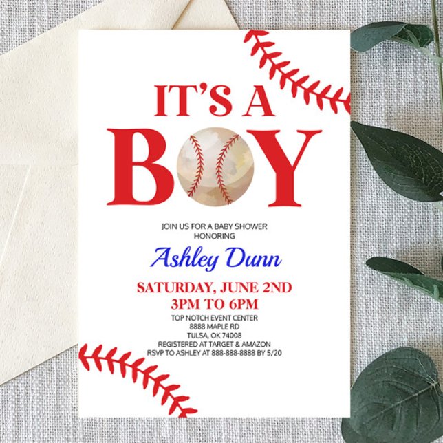 Baseball It's A Boy Red Blue Baby Shower Invitation (Creator Uploaded)