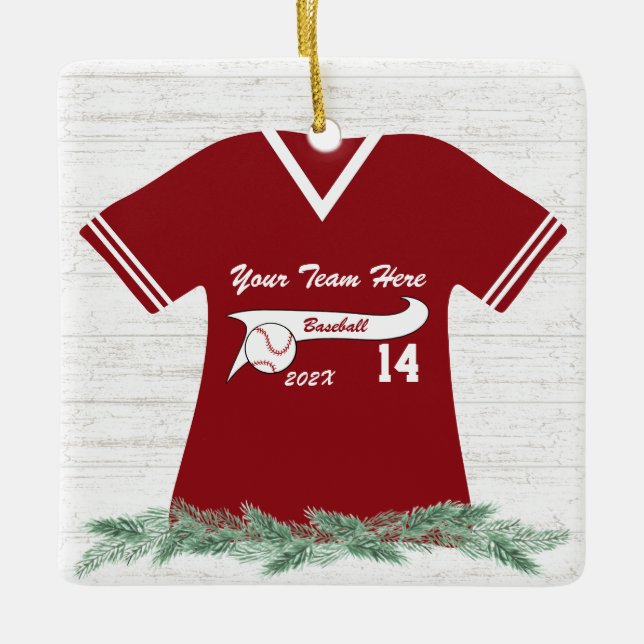 Baseball Jersey Red and White with Photo Ceramic Ornament (Front)