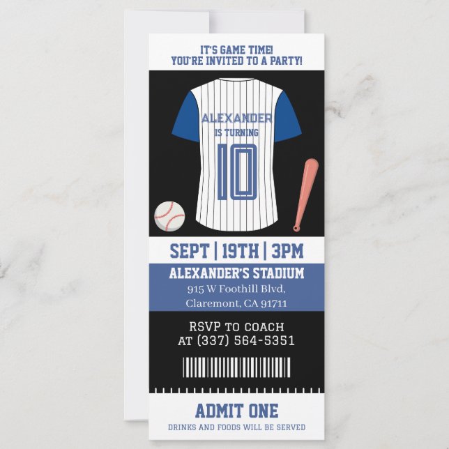 Baseball Jersey Ticket Birthday Party Invitation (Front)