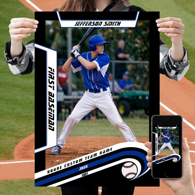 Baseball Keepsakes in Lively Blue Black Custom  Poster (Baseball Player Poster in Black and Blue with Custom Team Name and dynamic White Elements)