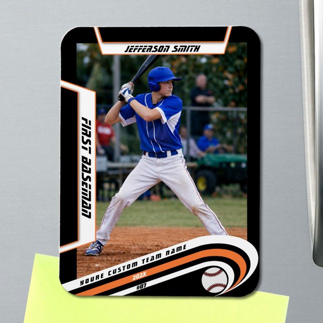 Baseball Keepsakes Lively Orange Black Custom Magnet (Baseball Player Magnet in Black with Custom Team Name and White Orange Elements)