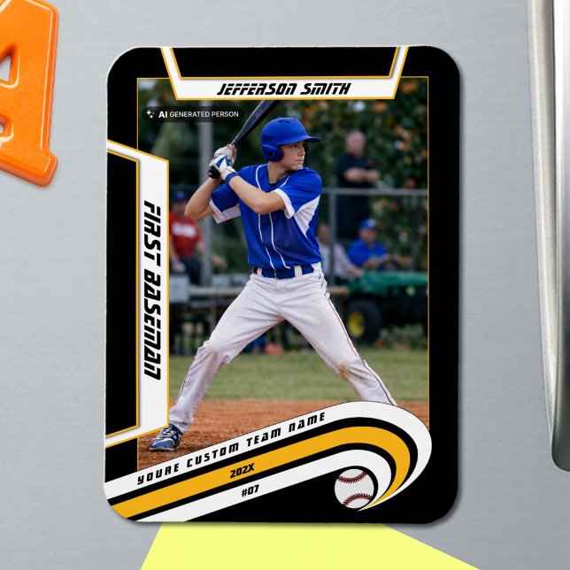 Baseball Keepsakes Lively Yellow Black Custom Magnet (Baseball Player Magnet in Black with Custom Team Name and White Yellow Elements)