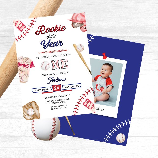 Baseball Little Slugger 1st Birthday Boy Party Invitation (Baseball 1st birthday party invitation Rookie of the Year)