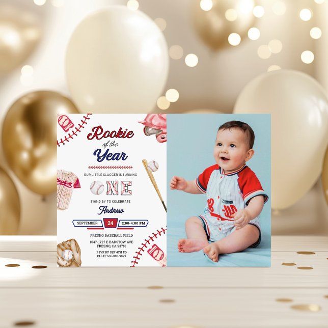 Baseball Little Slugger 1st Birthday Photo Party Invitation (Baseball 1st birthday party horizontal invitation with photo)