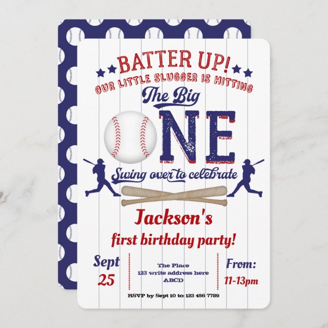 Baseball, Little slugger, First birthday Invitation (Front/Back)