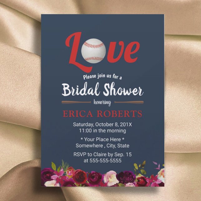 Baseball Love Burgundy Floral Navy Bridal Shower Invitation (Creator Uploaded)