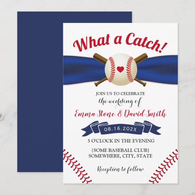 Baseball Love Navy Ribbon Sports Wedding  Invitation (Front/Back)