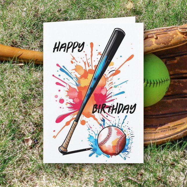Baseball Lovers Bat & Ball Splash Birthday  Card (Creator Uploaded)