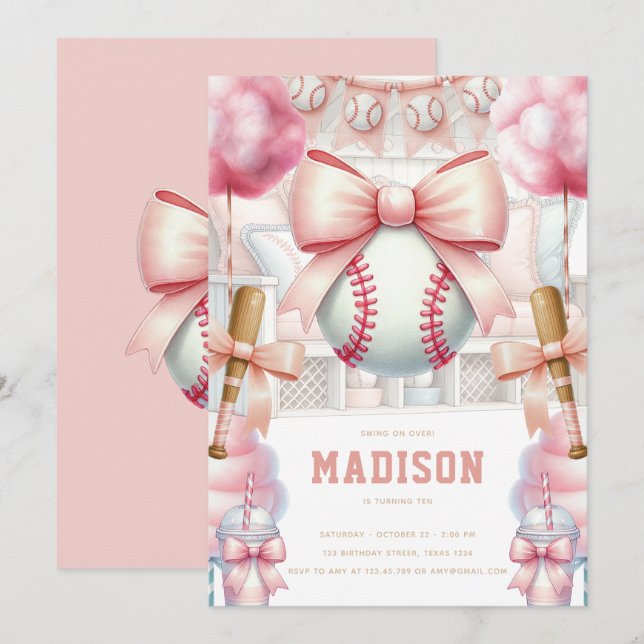 Baseball Luxury Birthday Girly Sports Theme Invitation (Front/Back)