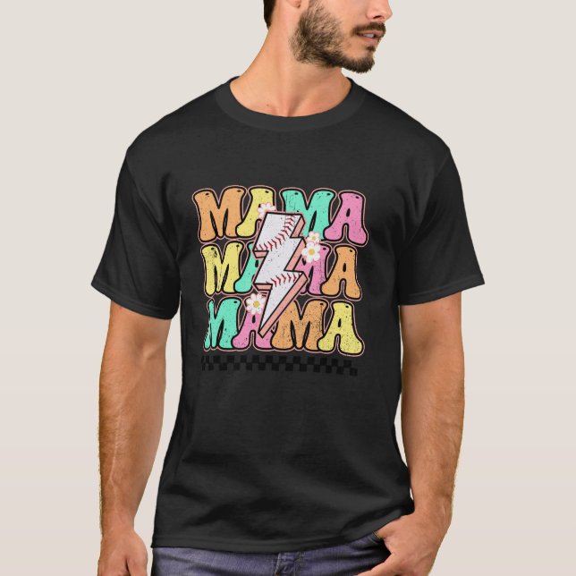 Baseball Mama Bolt Lightning Chequered Mum Life Mo T-Shirt (Front)