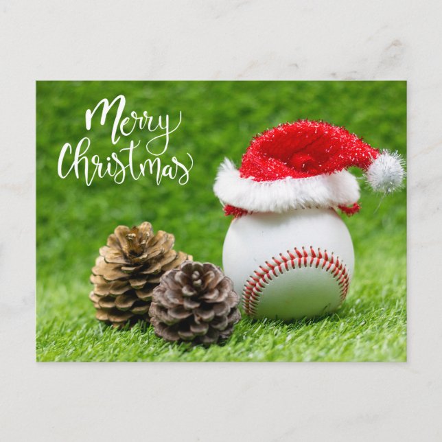 Baseball Merry Christmas with Santa hat     Holiday Postcard (Front)