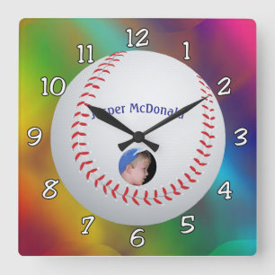 Baseball Multi-colour Background Photo Personalise Square Wall Clock