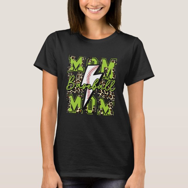 Baseball Mum Baseball Lightning Bolt Leopard Lime  T-Shirt (Front)