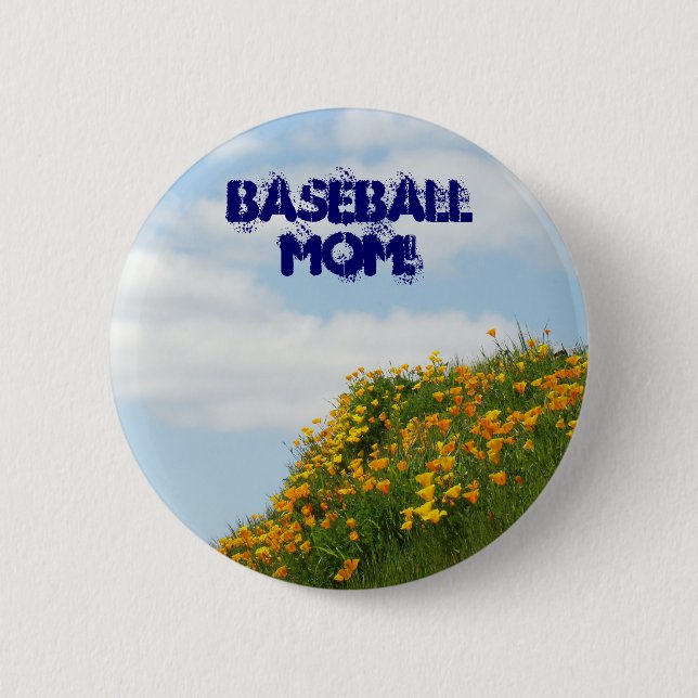 Baseball Mum! buttons Blue Sky Poppies Meadow (Front)